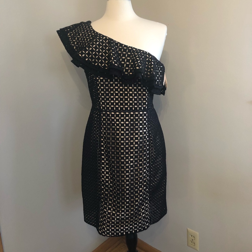 J Crew one shoulder ruffle eyelet dress.